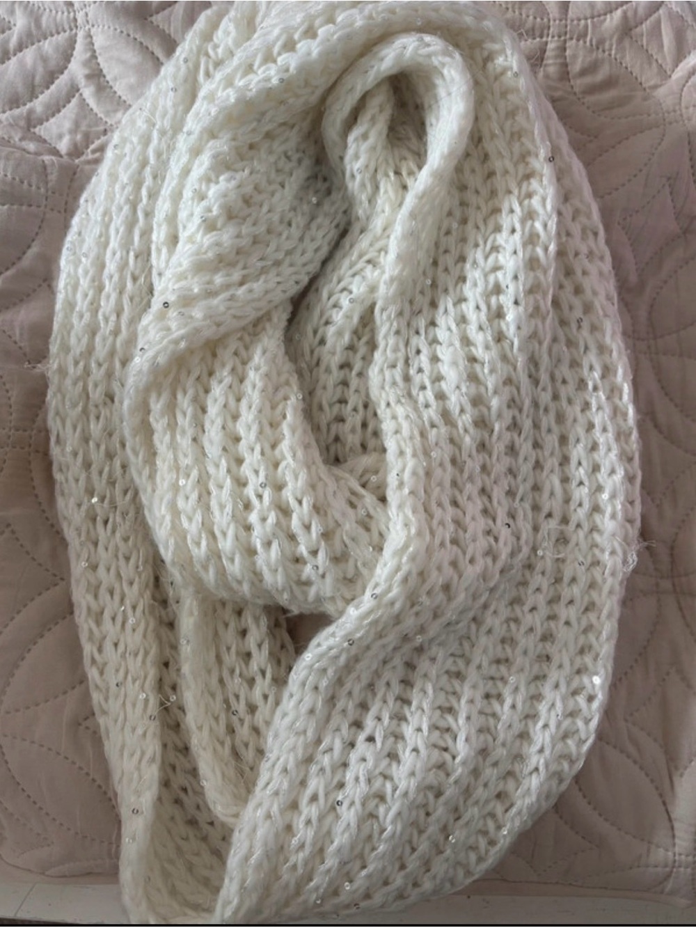 Chunky Knit White Infinity Scarf with Sparkle